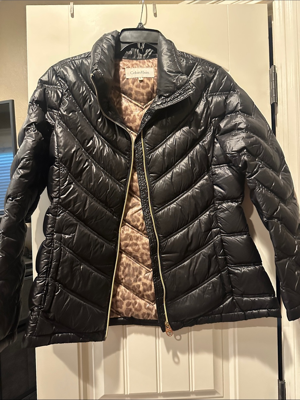 Calvin Klein Black Puffer Jacket with Leopard-Print Lining